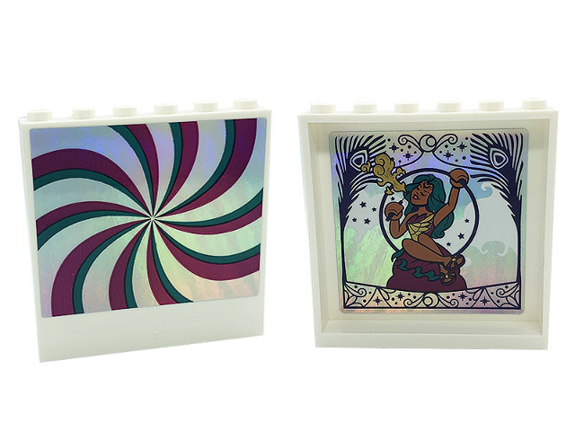 Lego Panel 1 x 6 x 5 with Dark Turquoise and Magenta Swirls on Silver Background on Outside and Claire Breathing Fire in Ring on Inside Pattern Model Right Side (Stickers) - Set 41685