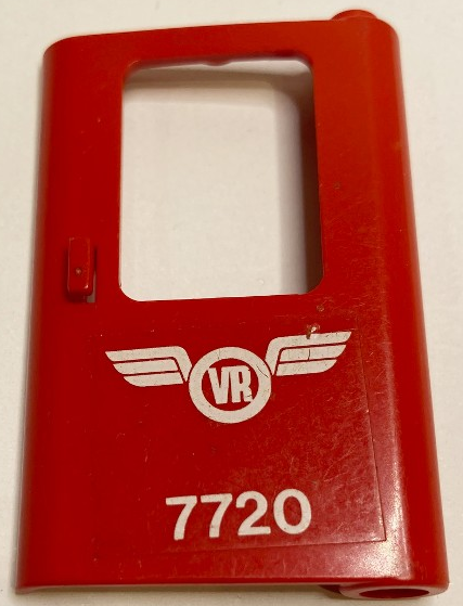 Lego Door 1 x 4 x 5 Train Right, Thin Support at Bottom with White Finnish Train Logo and '7720' Pattern (Sticker) - Set 7720 / Red