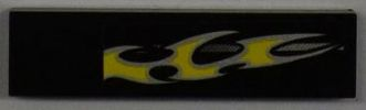 Lego Tile 1 x 4 with Silver Stripe and Yellow Flame on Black Background Pattern Model Right Side (Sticker) - Set 8186 / Black