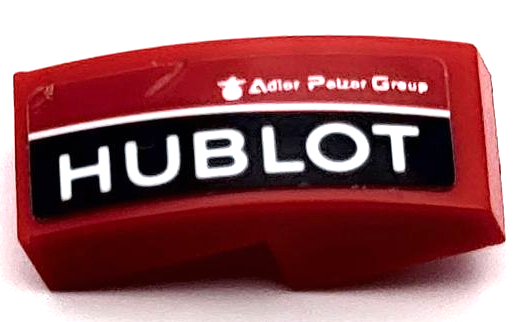 Lego Slope, Curved 2 x 1 x 2/3 with White 'HUBLOT' and 'Adler Pelzer Group' on Black Stripe Pattern Model Right Side (Sticker) - Set 75889