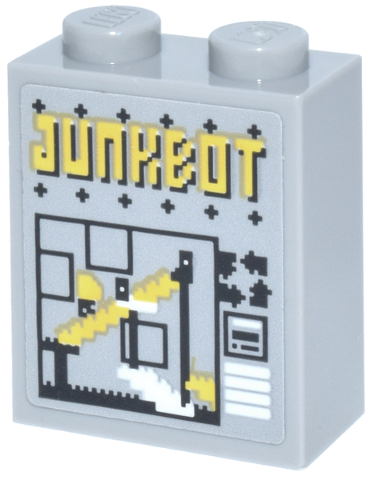 Lego Brick 1 x 2 x 2 with Inside Stud Holder with Yellow 'JUNKBOT' Arcade Game Screen, Black Plus and Recycling Arrows Symbols, and White Stairs and Lines Pattern (Sticker) - Set 70657
