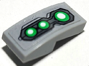 Lego Slope, Curved 2 x 1 x 2/3 with Three Bright Green and White Lights Pattern (Sticker) - Set 76174 / Light Bluish Gray