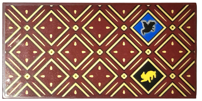 Lego Tile, Modified 4 x 8 Inverted with Studs on Edges with Gold Squares and Lines with Black Outlines, HP Hufflepuff House Badger on Black Background and Ravenclaw Raven on Blue Background Pattern (Sticker) - Set 76416 / Dark Red