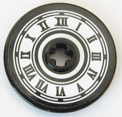 Lego Technic, Disk 3 x 3 with Vintage Clock Face with Black Roman Numerals, Circles and Border on White Background Pattern (Sticker) - Set 75955 / Black
