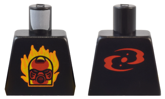 Lego Torso Red Bionicle Hau Mask with Orange and Yellow Flames and Red Three Virtues Symbol on Back Pattern / Black
