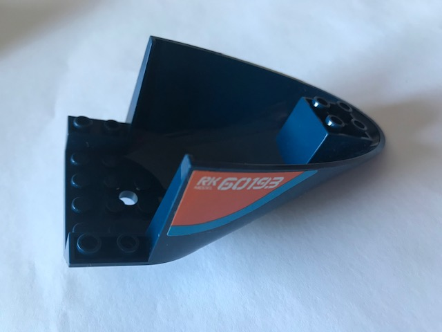 Lego Aircraft Fuselage Aft Section Curved Bottom 6 x 10 with Dark Azure Stripe and Orange Triangle With 'RK60193' and 'Fuel' Pattern on Both Sides (Stickers) - Set 60193