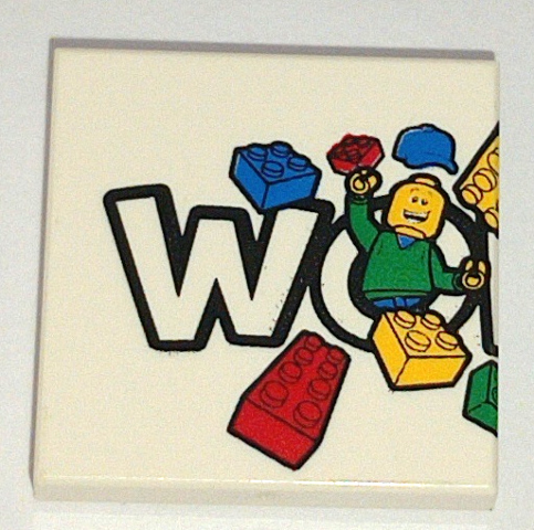 Lego Tile 2 x 2 with LEGO World Logo Left Half, 'WO', Minifigure with Blue Cap, 4 Whole Bricks and Plain Corner Pattern