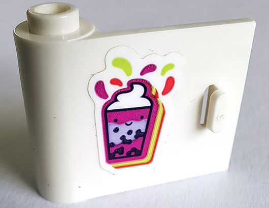 Lego Door 1 x 3 x 2 Left - Open Between Top and Bottom Hinge with Magenta and Dark Purple Bubble Tea Cup with Face Pattern (Sticker) - Set 41733 / White