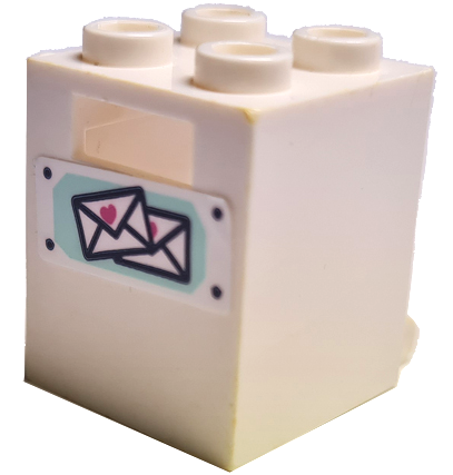 Lego Container, Box 2 x 2 x 2 with 2 Mail Envelopes with Dark Pink Hearts Pattern (Sticker) - Set 41395 / White