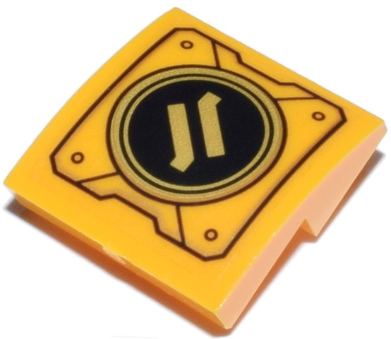 Lego Slope, Curved 2 x 2 x 2/3 Inverted with Mechanical Panel with Ninjago Logogram Letter Z on Black and Gold Circle Pattern (Sticker) - Set 71837