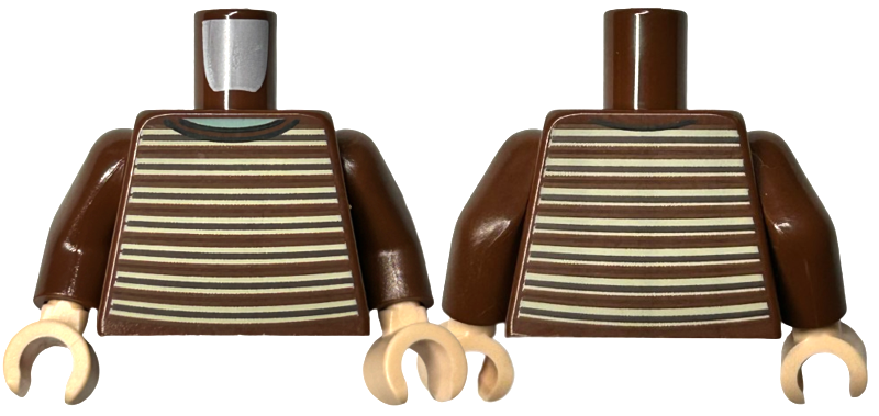 Lego Torso Sweater with Dark Brown and Tan Horizontal Stripes, Sand Green Neck Pattern / Reddish Brown Arms / Light Nougat Hands
