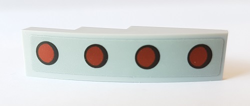 Lego Slope, Curved 4 x 1 with 4 Red Dots with Black Outline Pattern (Sticker) - Set 10269 / Light Bluish Gray