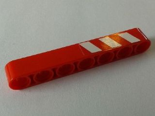 Lego Technic, Liftarm Thick 1 x 7 with Red and 3 White Danger Stripes on Upper Half Pattern Model Right Side (Sticker) - Sets 8289 / 8294 / Red