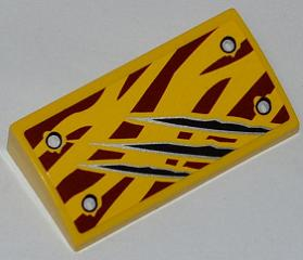 Lego Slope, Curved 2 x 4 x 2/3 with Bottom Tubes with 4 Rivets and Claw Scratch Marks on Dark Red Tiger Stripes Pattern (Sticker) - Set 5887 / Yellow