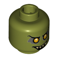Lego Minifig Head, Orange Eyes with White Pupils, Black Eyebrows, Open Smile with Pointed Teeth Print