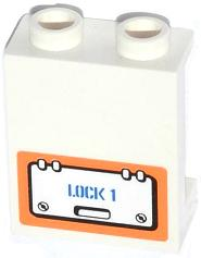 Lego Panel 1 x 2 x 2 with Side Supports - Hollow Studs with Hatch and 'LOCK 1' Pattern Model Left Side (Sticker) - Set 60013 / White