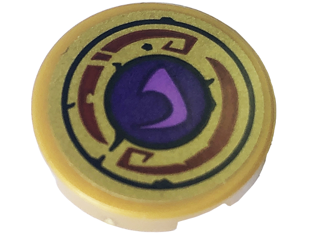 Lego Tile, Round 2 x 2 with Bottom Stud Holder with Dark Purple Circle, Medium Lavender Ninjago Symbol, Dark Red Curved Lines in Black Ring Pattern (Sticker) - Set 71793