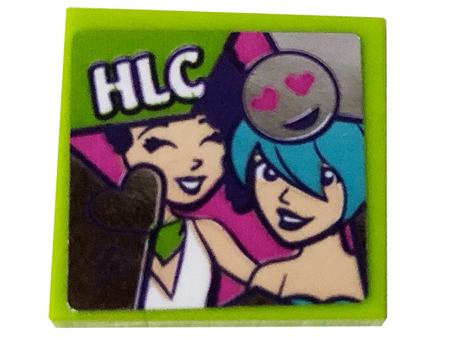 Lego Tile 2 x 2 with 'HLC', Heart, Smiling Emoticon and 2 Friends Minifigures Pattern (Sticker) - Set 41391 / Lime