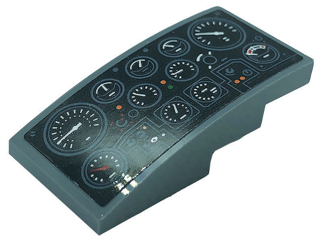 Lego Slope, Curved 4 x 2 with Black Control Panel with Gauges and Buttons Pattern (Sticker) - Set 76139 / Dark Bluish Gray