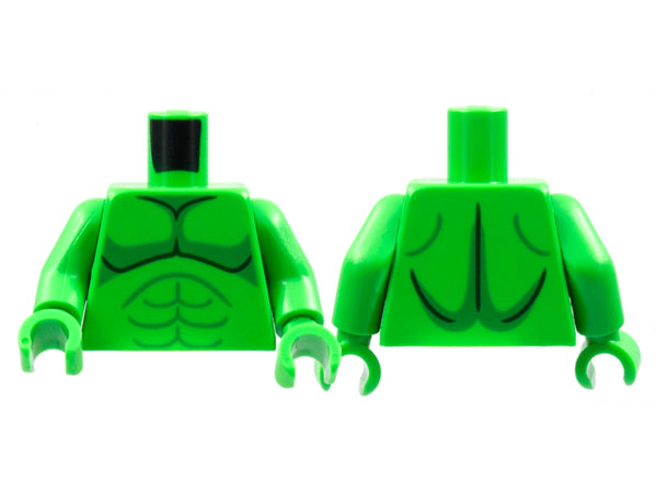 Lego Torso Bare Chest with Black and Green Muscles Outline Pattern / Bright Green Arms / Bright Green Hands