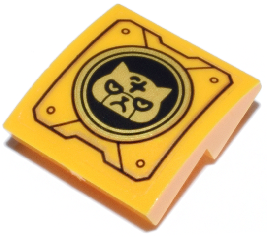 Lego Slope, Curved 2 x 2 x 2/3 Inverted with Mechanical Panel with Cat Head with Ninjago Logogram Letter S on Black and Gold Circle Pattern (Sticker) - Set 71837
