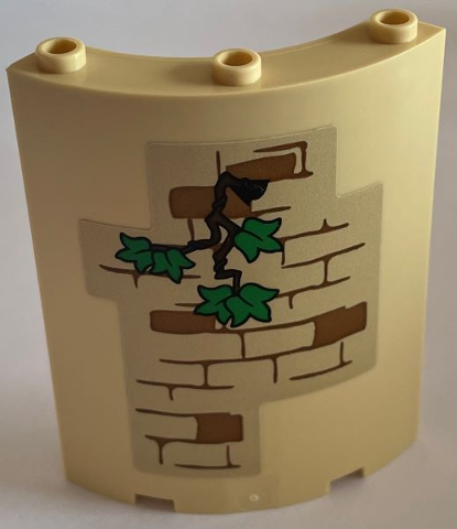 Lego Cylinder Quarter 4 x 4 x 6 with Medium Nougat Bricks and Mortar with Branch and Green Ivy Leaves on Outside and Hogwarts Coat of Arms on Inside Pattern (Stickers) - Set 76401 / Tan