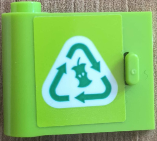 Lego Door 1 x 3 x 2 Left - Open Between Top and Bottom Hinge with Recycling Arrows and Apple Core on White Background Pattern (Sticker) - Set 60386