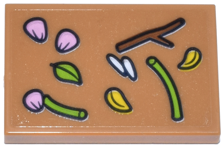 Lego Tile 2 x 3 with Reddish Brown Stick, Lime Stems and Leaf, Bright Pink, White and Bright Light Orange Flower Petals Pattern (Sticker) - Set 42671