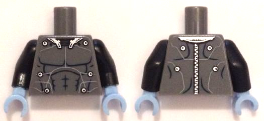 Lego Torso Muscles Outline with Electrodes and Wires, Silver Collar and Zipper on Back Pattern / Black Arms / Bright Light Blue Hands