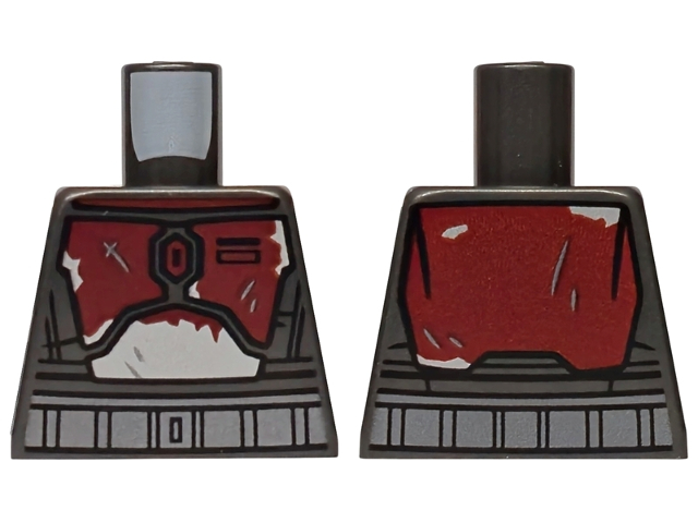 Lego Torso SW Mandalorian Dark Red and Silver Armor Plates with Scratches, Dark Silver Belt Pattern / Pearl Dark Gray