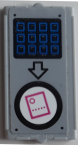 Lego Glass for Window 1 x 2 x 3 with Blue Buttons, Black Arrow, and Dark Pink Ticket on White Circle Pattern (Sticker) - Set 70640