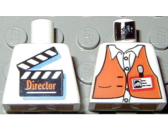 Lego Torso Studios Director Brown Vest, ID Badge, Film Slate on Back Pattern / White