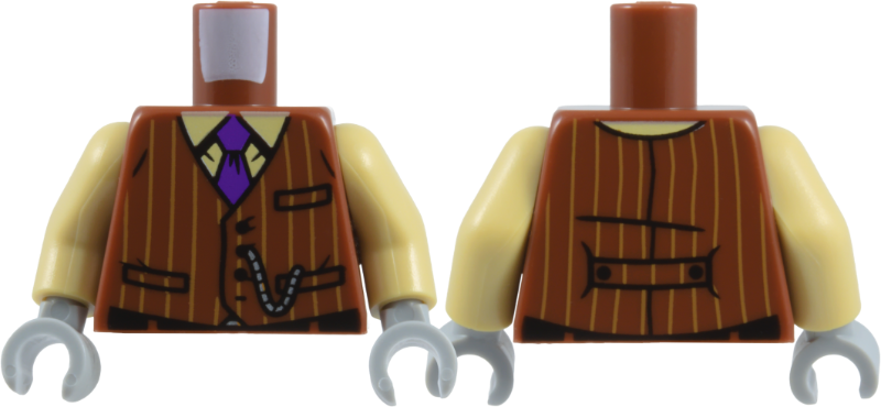 Lego Torso Pinstripe Suit Jacket with Medium Nougat Lines, Tan Shirt, Dark Purple Tie, Silver Chain, Black Pockets, Buttons, and Creases Pattern / Tan Arms / Light Bluish Gray Hands