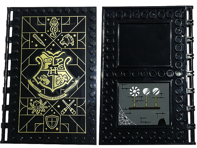 Lego Tile, Modified 10 x 16 with Studs on Edges and Bar Handles with Hogwarts Defence Against the Dark Arts Class and Brick Wall, Spider Web and Shelf Pattern on Inside (Sticker) - Set 76397 / Black