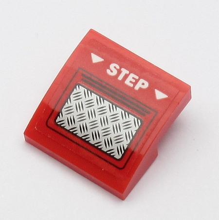 Lego Slope, Curved 2 x 2 x 2/3 with White 'STEP', White Arrows and Silver Tread Plate Pattern (Sticker) - Set 60161 / Red
