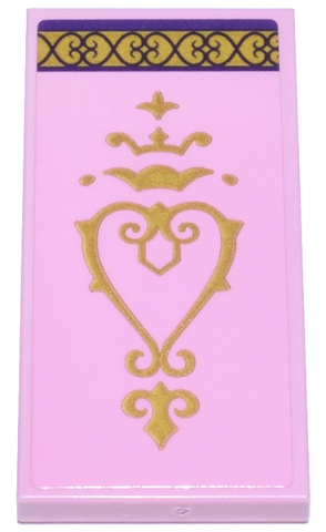 Lego Tile 2 x 4 with Blanket with Dark Purple and Gold Filigree Trim and Heart Pattern (Sticker) - Set 43275 / Bright Pink