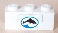 Lego Brick 1 x 3 with Dolphin Facing Right in Blue Oval Pattern (Sticker) - Set 6558 / White