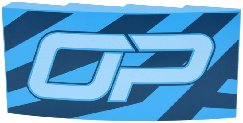 Lego Slope, Curved 8 x 4 x 1 2/3 with Dark Blue Diagonal Stripes and White 'OP' Logo Pattern