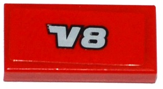 Lego Tile 1 x 2 with Light Bluish Gray 'V8' Pattern (Sticker) - Set 8070 / Red