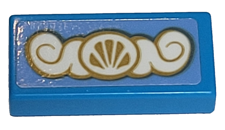 Lego Tile 1 x 2 with Gold and White Scrollwork with Shell Pattern (Sticker) - Set 41153 / Dark Azure