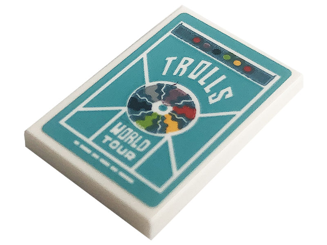 Lego Tile 2 x 3 with White 'TROLLS', 'WORLD TOUR' and Compact Disc Pattern (Sticker) - Set 41256