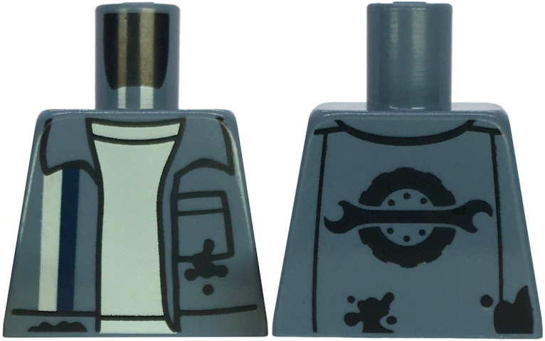 Lego Torso Mechanic Uniform Open with White and Dark Blue Stripes, Black Oil Stains and Pocket over Shirt, Spanner Wrench and Wheel with Tire Logo on Back Pattern / Sand Blue