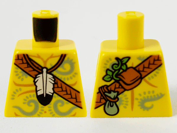Lego Torso Bare Chest Muscles Outline, Feather Necklace, Dark Orange Crossbelt and Light Bluish Gray Filigree Tattoos Pattern / Yellow