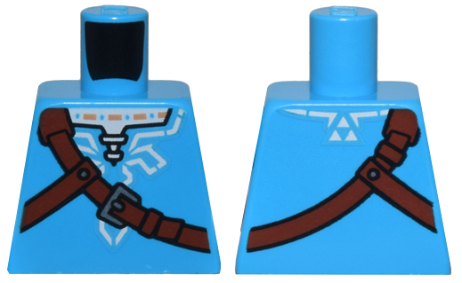 Lego Torso Tunic, White Trim and Shirt, Reddish Brown Strap with Silver Buckle Pattern / Dark Azure