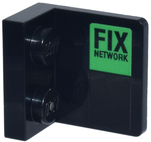 Lego Bracket 1 x 2 - 2 x 2 Inverted with 'FIX NETWORK' Logo on Bright Green Background Pattern Model Right Side (Sticker) - Set 77247