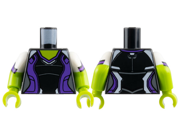 Lego Torso Female Super Hero Costume with Dark Purple Side Panels and White Shoulders, Lime Neck Pattern / Lime Arms with Molded White Short Sleeves and Printed Black and Dark Purple Hems Pattern / Lime Hands