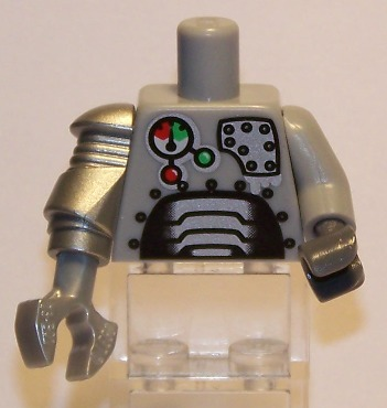Lego Torso Robot with Panels and Gauges Pattern / Light Bluish Gray Arm and Dark Bluish Gray Hand Left / Metallic Silver Mech Arm and Pearl Light Gray Claw Right