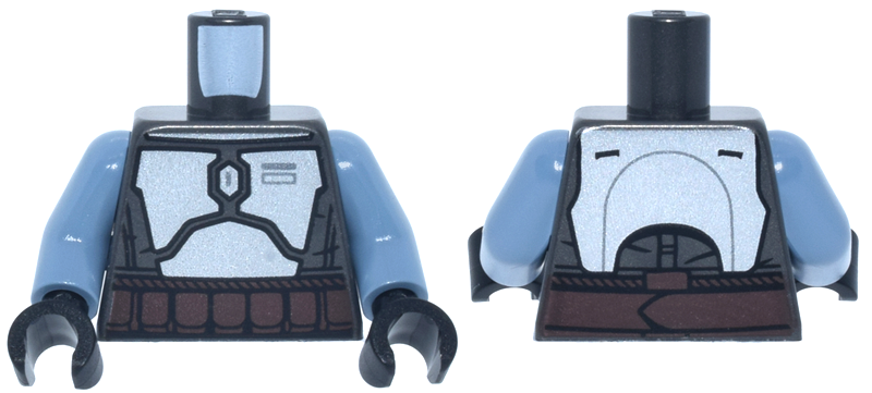 Lego Torso SW Mandalorian Silver Armor Plates, Dark Brown Belt with Rope Edges and Pouches Pattern / Sand Blue Arms / Black Hands