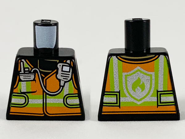 Lego Torso Orange Vest with Silver and Lime Stripes and Silver Radio Pattern / Black