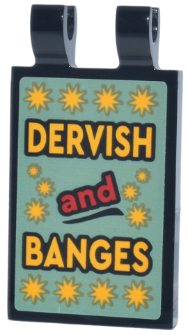 Lego Tile, Modified 2 x 3 with 2 Open O Clips with Bright Light Orange and Red 'DERVISH and BANGES' and Sparkles on Sand Green Background Pattern (Sticker) - Set 76457
